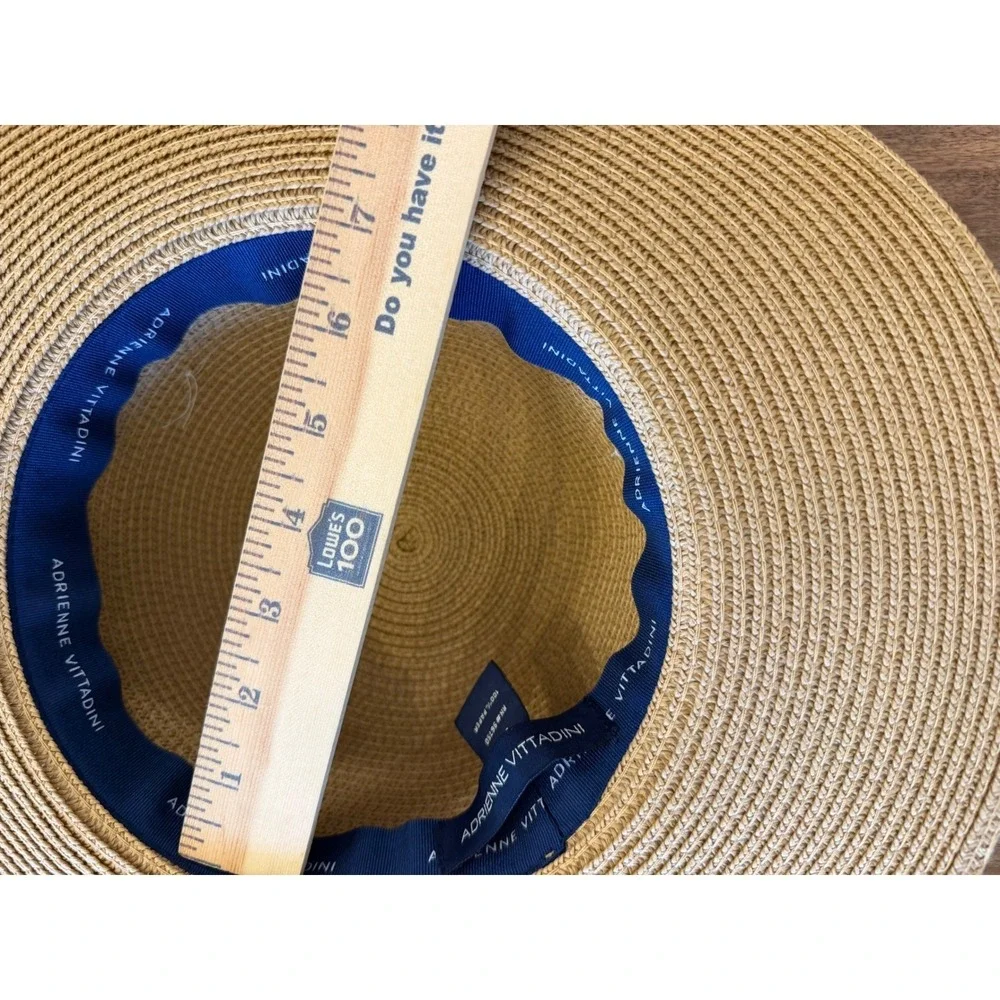 Adrienne Vittadini Tan Paper‎ Straw Sun Hat Navy Blue White Ribbon Rhinestones